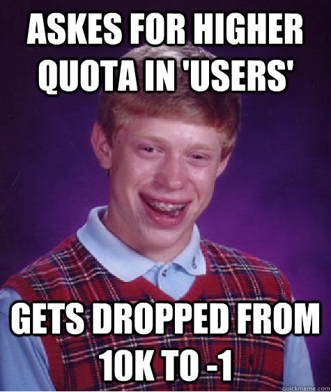 Askes for higher quota in 'USERS' gets dropped from 10k to -1  Bad Luck Brian