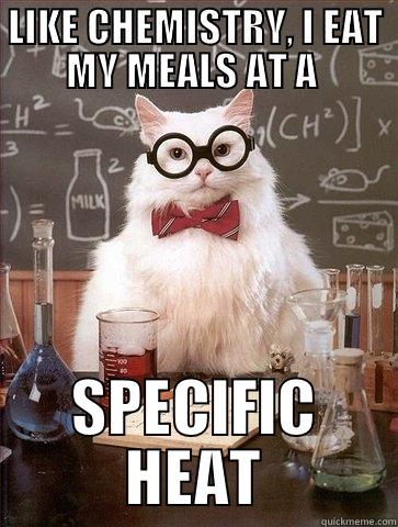 LIKE CHEMISTRY, I EAT MY MEALS AT A  SPECIFIC HEAT Chemistry Cat