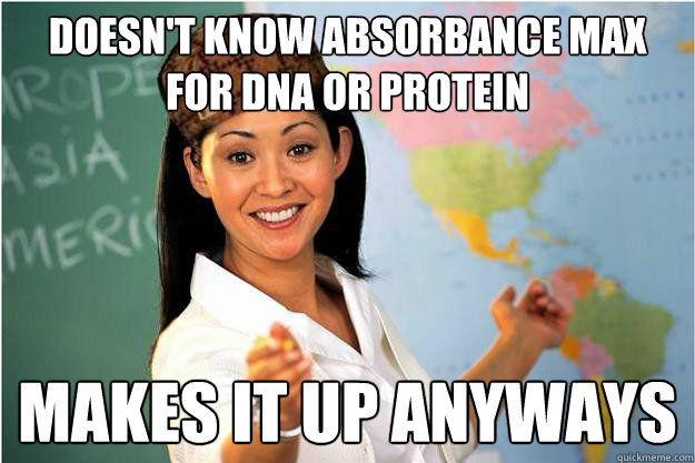 Doesn't know absorbance max for DNA or Protein Makes it up anyways  Scumbag Teacher