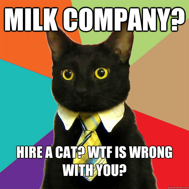 milk company? hire a cat? wtf is wrong with you?  Business Cat