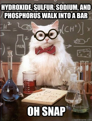 Hydroxide, sulfur, sodium, and phosphorus walk into a bar OH SNaP - Hydroxide, sulfur, sodium, and phosphorus walk into a bar OH SNaP  Chemistry Cat