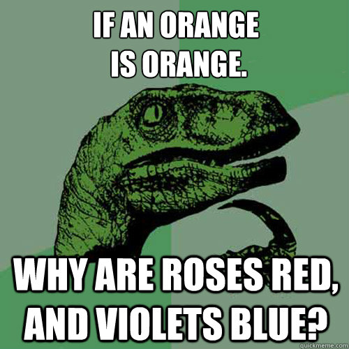 If An Orange
 is Orange. Why are Roses red, and violets blue?  Philosoraptor