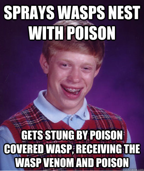 Sprays wasps nest with poison Gets stung by poison covered wasp, receiving the wasp venom and poison   Bad Luck Brian