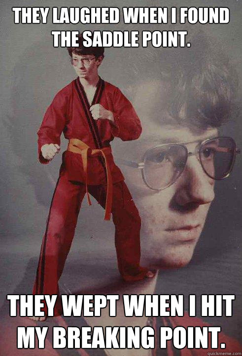 They laughed when I found the saddle point. They wept when I hit my breaking point.  - They laughed when I found the saddle point. They wept when I hit my breaking point.   Karate Kyle