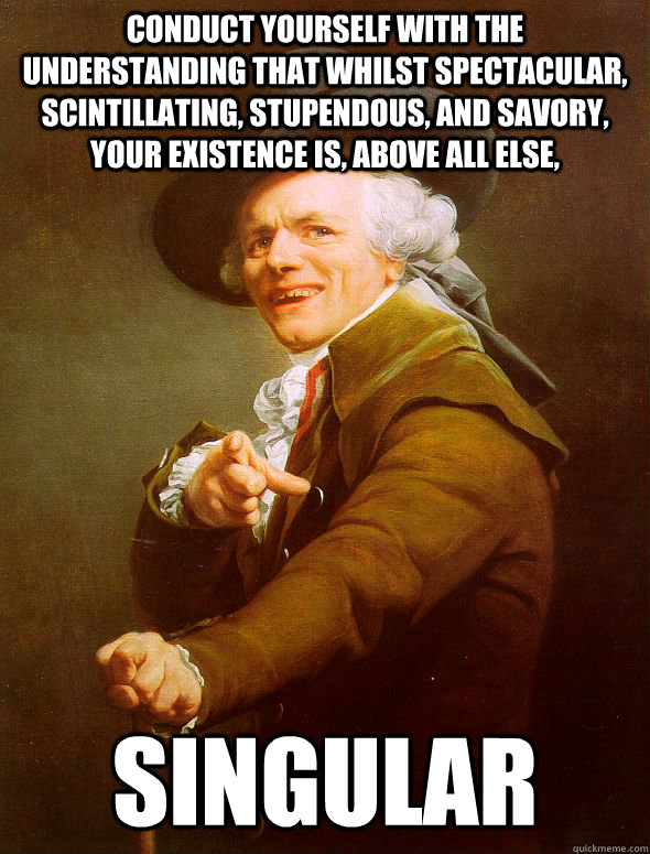 Conduct yourself with the understanding that whilst spectacular, scintillating, stupendous, and savory, your existence is, above all else, singular  Joseph Ducreux