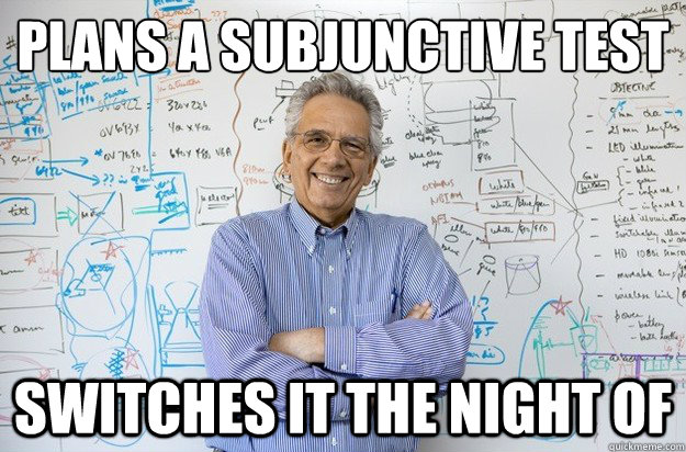 Plans a subjunctive test 
 Switches it the night of   Engineering Professor