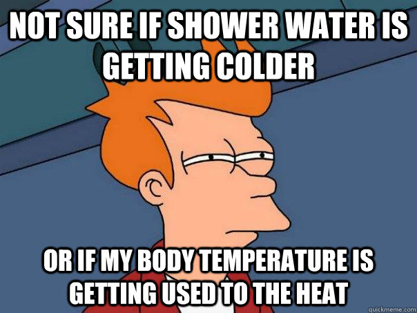 Not sure if shower water is getting colder Or if my body temperature is getting used to the heat  Futurama Fry