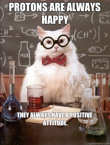 PROTONS ARE ALWAYS HAPPY THEY ALWAYS HAVE A POSITIVE ATTITUDE.  Chemistry Cat