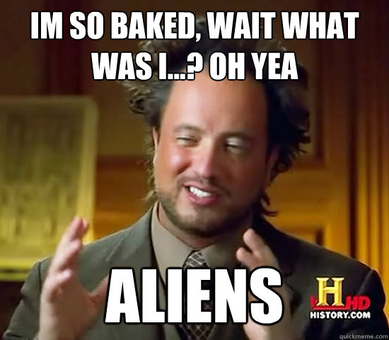 im so baked, wait what was i...? oh yea ALIENS  Ancient Aliens