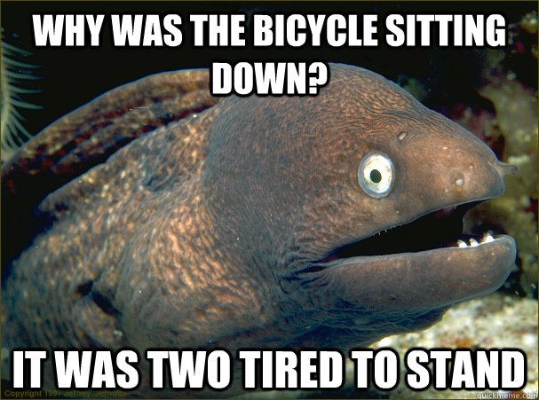 Why was the bicycle sitting down? It was Two tired to stand  Bad Joke Eel