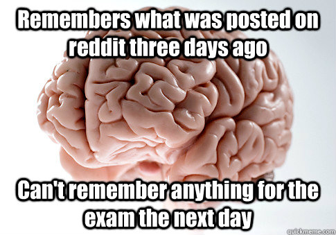 Remembers what was posted on reddit three days ago Can't remember anything for the exam the next day   Scumbag Brain