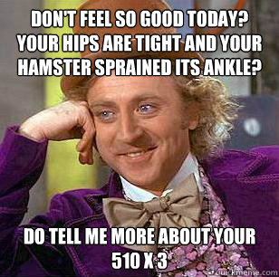 Don't feel so good today? Your hips are tight and your hamster sprained its ankle? Do tell me more about your 510 x 3  Condescending Wonka