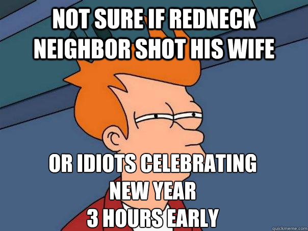 Not Sure if Redneck neighbor shot his wife Or Idiots celebrating 
new year 
3 hours early  Futurama Fry