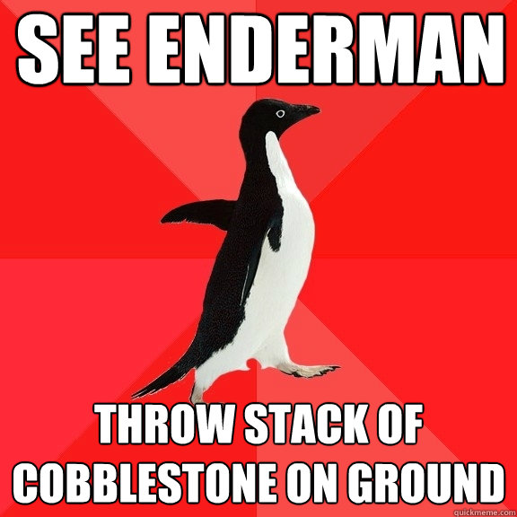 see enderman throw stack of cobblestone on ground  Socially Awesome Penguin