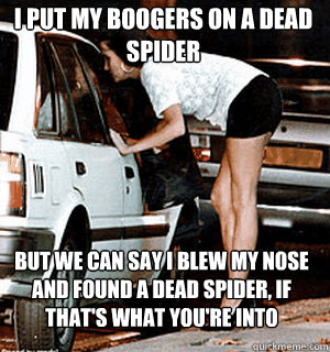 I put my boogers on a dead spider But we can say I blew my nose and found a dead spider, if that's what you're into  Karma Whore