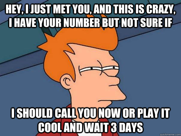 Hey, I just met you, And this is crazy, I haVE YOUR NUMBER but not sure if  i SHOULD CALL YOU NOW OR PLAY IT COOL AND WAIT 3 DAYS - Hey, I just met you, And this is crazy, I haVE YOUR NUMBER but not sure if  i SHOULD CALL YOU NOW OR PLAY IT COOL AND WAIT 3 DAYS  Futurama Fry