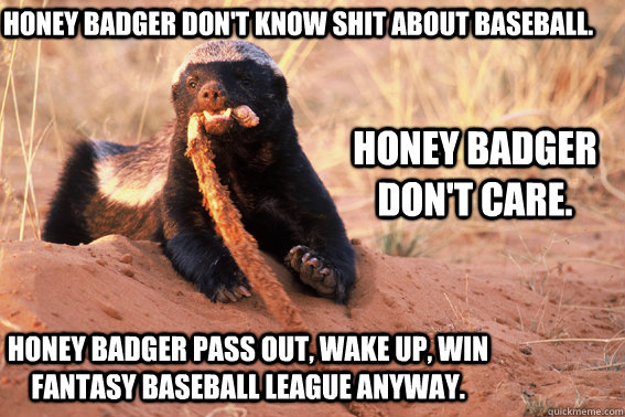 Honey badger don't know shit about baseball. Honey badger don't care. Honey badger pass out, wake up, win fantasy baseball league anyway.  Honey Badger Dont Care