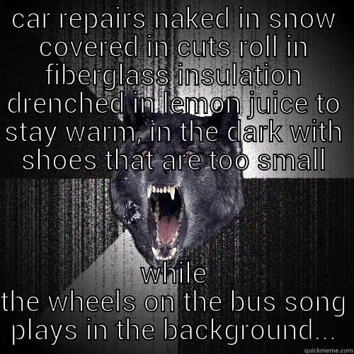 sadist mechanic - CAR REPAIRS NAKED IN SNOW COVERED IN CUTS ROLL IN FIBERGLASS INSULATION DRENCHED IN LEMON JUICE TO STAY WARM, IN THE DARK WITH SHOES THAT ARE TOO SMALL WHILE THE WHEELS ON THE BUS SONG PLAYS IN THE BACKGROUND... Insanity Wolf