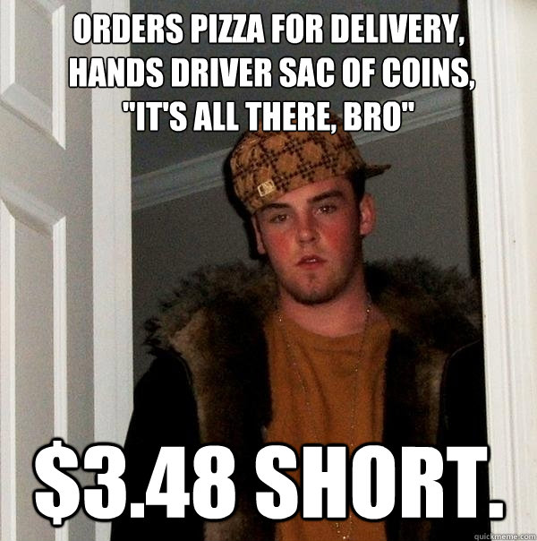 Orders pizza for delivery,
 hands driver sac of coins, 
