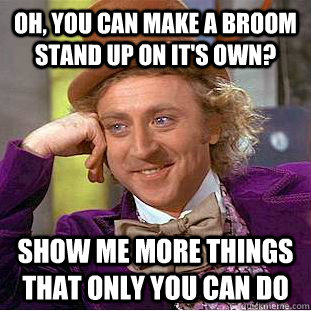 Oh, you can make a broom stand up on it's own? Show me more things that only you can do  Condescending Wonka