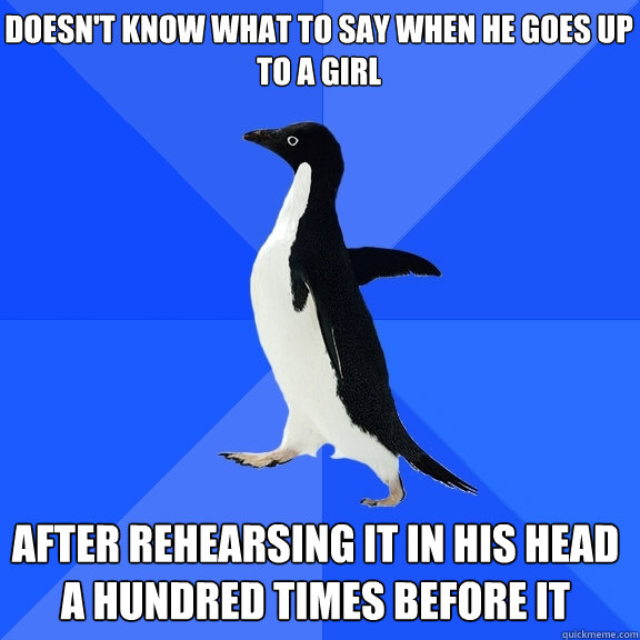 Doesn't know what to say when he goes up to a girl After rehearsing it in his head a hundred times before it  Socially Awkward Penguin