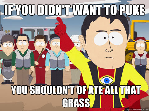 if you didn't want to puke you shouldn't of ate all that grass   Captain Hindsight