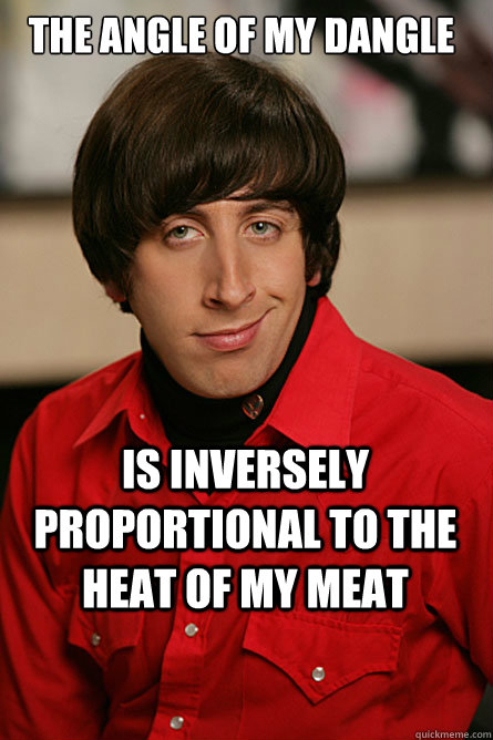 the angle of my dangle is inversely proportional to the heat of my meat - the angle of my dangle is inversely proportional to the heat of my meat  Pickup Line Scientist