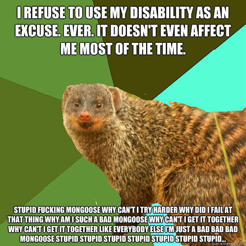 i refuse to use my disability as an excuse. ever. it doesn't even affect me most of the time. stupid fucking mongoose why can't i try harder why did i fail at that thing why am i such a bad mongoose why can't i get it together why can't i get it together  - i refuse to use my disability as an excuse. ever. it doesn't even affect me most of the time. stupid fucking mongoose why can't i try harder why did i fail at that thing why am i such a bad mongoose why can't i get it together why can't i get it together   Supercrip Mongoose