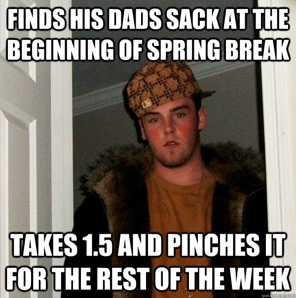 finds his dads sack at the beginning of spring break takes 1.5 and pinches it for the rest of the week - finds his dads sack at the beginning of spring break takes 1.5 and pinches it for the rest of the week  Scumbag Steve