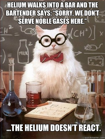 Helium walks into a bar and the bartender says: “Sorry, we don’t serve noble gases here.”  …The helium doesn’t react.   Chemistry Cat