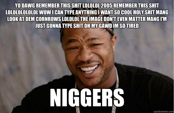 Yo dawg remember this shit lololol 2005 remember this shit lolololololol wow i can type anything i want so cool holy shit mang look at dem cornrows lololol the image don't even matter mang i'm just gonna type shit oh my gawd im so tired  NIGGERS   