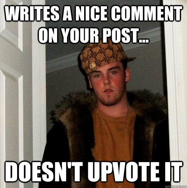 writes a nice comment on your post... doesn't upvote it  Scumbag Steve