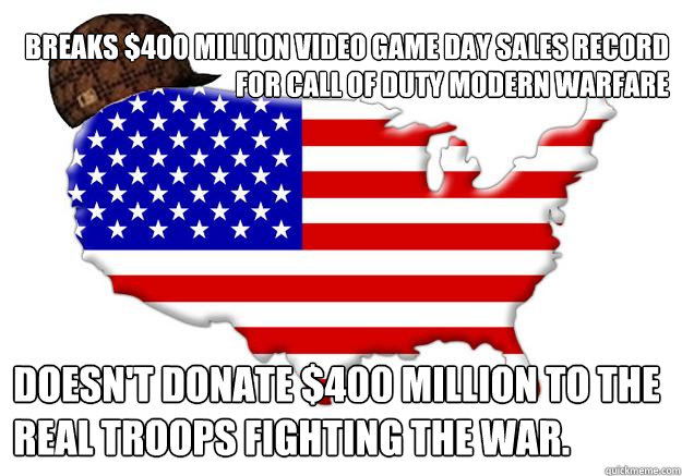 Breaks $400 Million Video Game Day Sales Record for Call of Duty Modern Warfare Doesn't donate $400 million to the Real Troops Fighting the War.  Scumbag america