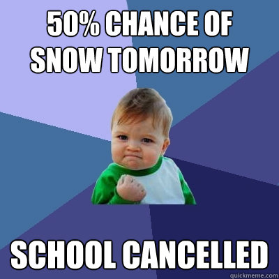 50% chance of snow tomorrow SChool cancelled  Success Kid