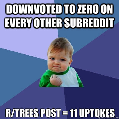 Downvoted to zero on every other subreddit r/trees post = 11 uptokes  Success Kid