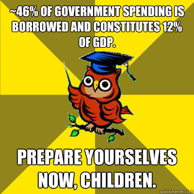 ~46% of government spending is borrowed and constitutes 12% of GDP.  Prepare yourselves now, children. - ~46% of government spending is borrowed and constitutes 12% of GDP.  Prepare yourselves now, children.  Observational Owl