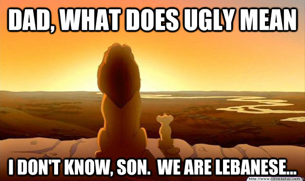 Dad, what does ugly mean I don't know, son.  we are Lebanese...  Lion King Gladstone