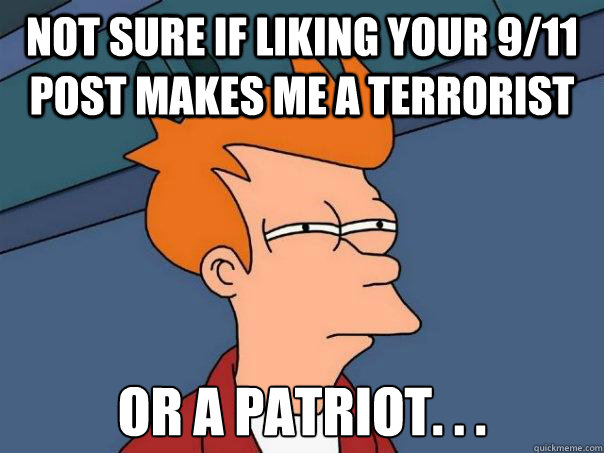 not sure if liking your 9/11 post makes me a terrorist or a patriot. . . - not sure if liking your 9/11 post makes me a terrorist or a patriot. . .  Futurama Fry