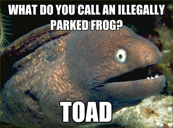 What do you call an illegally parked frog? Toad - What do you call an illegally parked frog? Toad  Bad Joke Eel