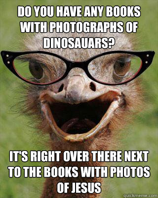 Do you have any books with photographs of dinosauars? It's right over there next to the books with photos of Jesus  Judgmental Bookseller Ostrich