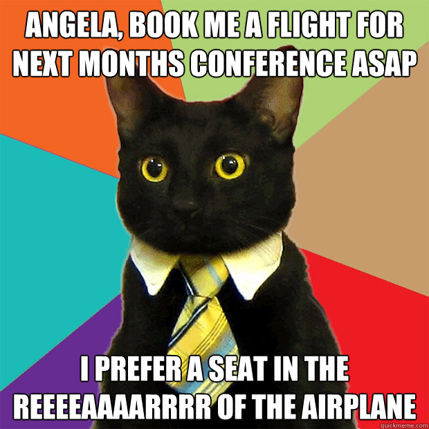 Angela, Book me a flight for next months conference ASAP I prefer a seat in the reeeeaaaarrrr of the airplane   Business Cat