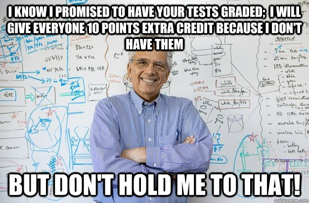 I know I promised to have your tests graded;  I will give everyone 10 points Extra Credit because i don't have them But don't hold me to that!  Engineering Professor