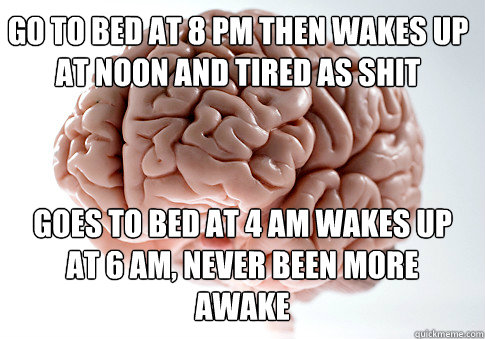 goes to bed at 4 am wakes up at 6 am, never been more awake go to bed at 8 pm then wakes up at noon and tired as shit - goes to bed at 4 am wakes up at 6 am, never been more awake go to bed at 8 pm then wakes up at noon and tired as shit  Scumbag Brain