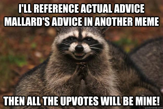 I'll reference actual advice mallard's advice in another meme Then all the upvotes will be mine! - I'll reference actual advice mallard's advice in another meme Then all the upvotes will be mine!  Evil Plotting Raccoon