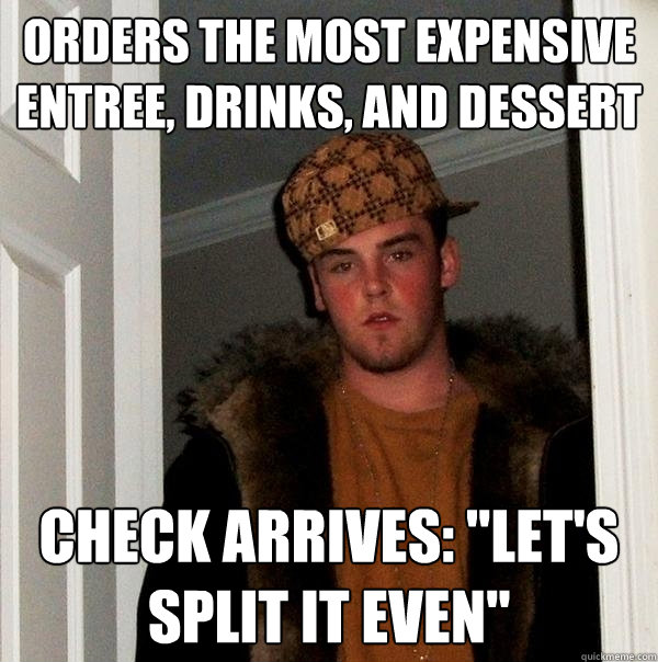 Orders the most expensive entree, drinks, and dessert Check arrives: 