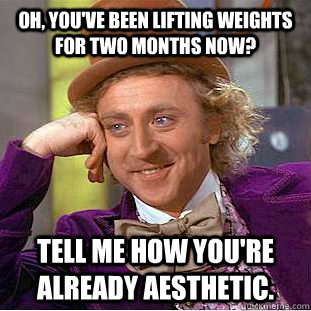 Oh, you've been lifting weights for two months now? Tell me how you're already aesthetic. - Oh, you've been lifting weights for two months now? Tell me how you're already aesthetic.  Condescending Wonka