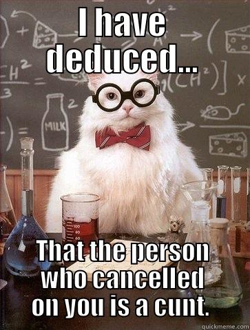 I HAVE DEDUCED... THAT THE PERSON WHO CANCELLED ON YOU IS A CUNT.  Chemistry Cat