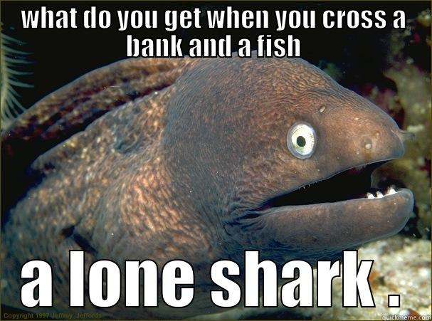 WHAT DO YOU GET WHEN YOU CROSS A BANK AND A FISH A LONE SHARK . Bad Joke Eel