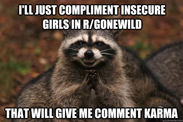 I'll just compliment insecure girls in r/gonewild that will give me comment karma  Evil Plotting Raccoon