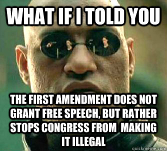 What if I told you The first amendment does not grant free speech, but rather stops congress from  making it illegal - What if I told you The first amendment does not grant free speech, but rather stops congress from  making it illegal  What if I told you